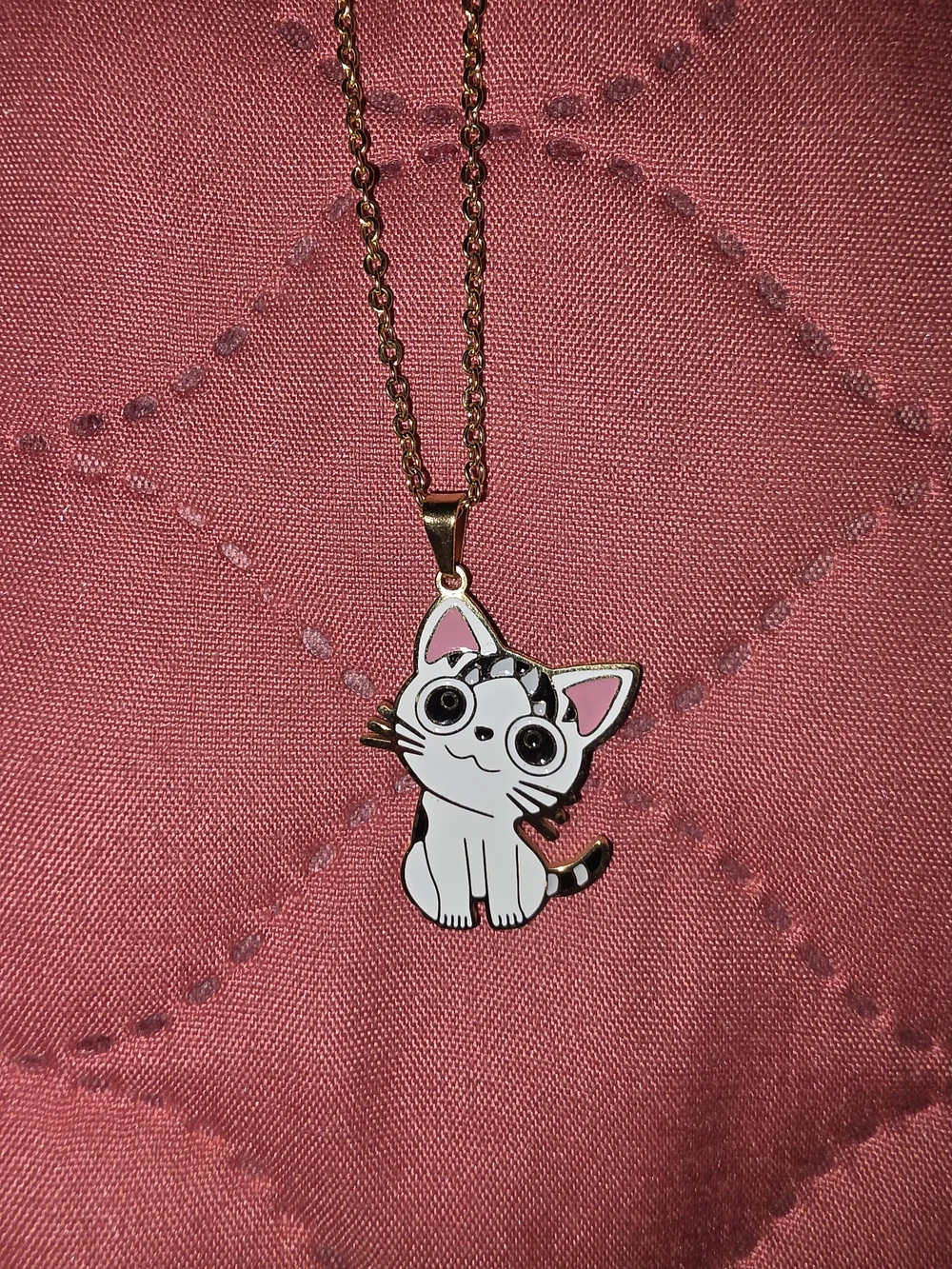 Gold-Tone White & Pink Enamel Kitty Pendant Necklace